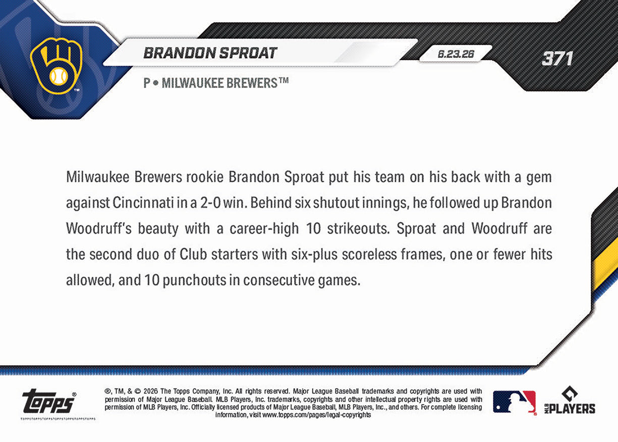 Brandon Sproat - 2026 MLB Topps NOW - Card 371 - PR: 578 - Image 2