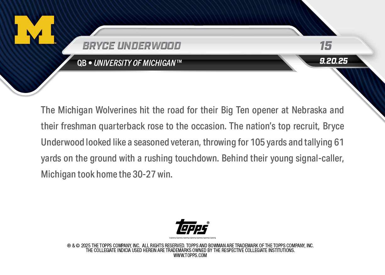 Bryce Underwood - 2025-26 Bowman U NOW Football - Card 15 - PR: 2226 - Image 3
