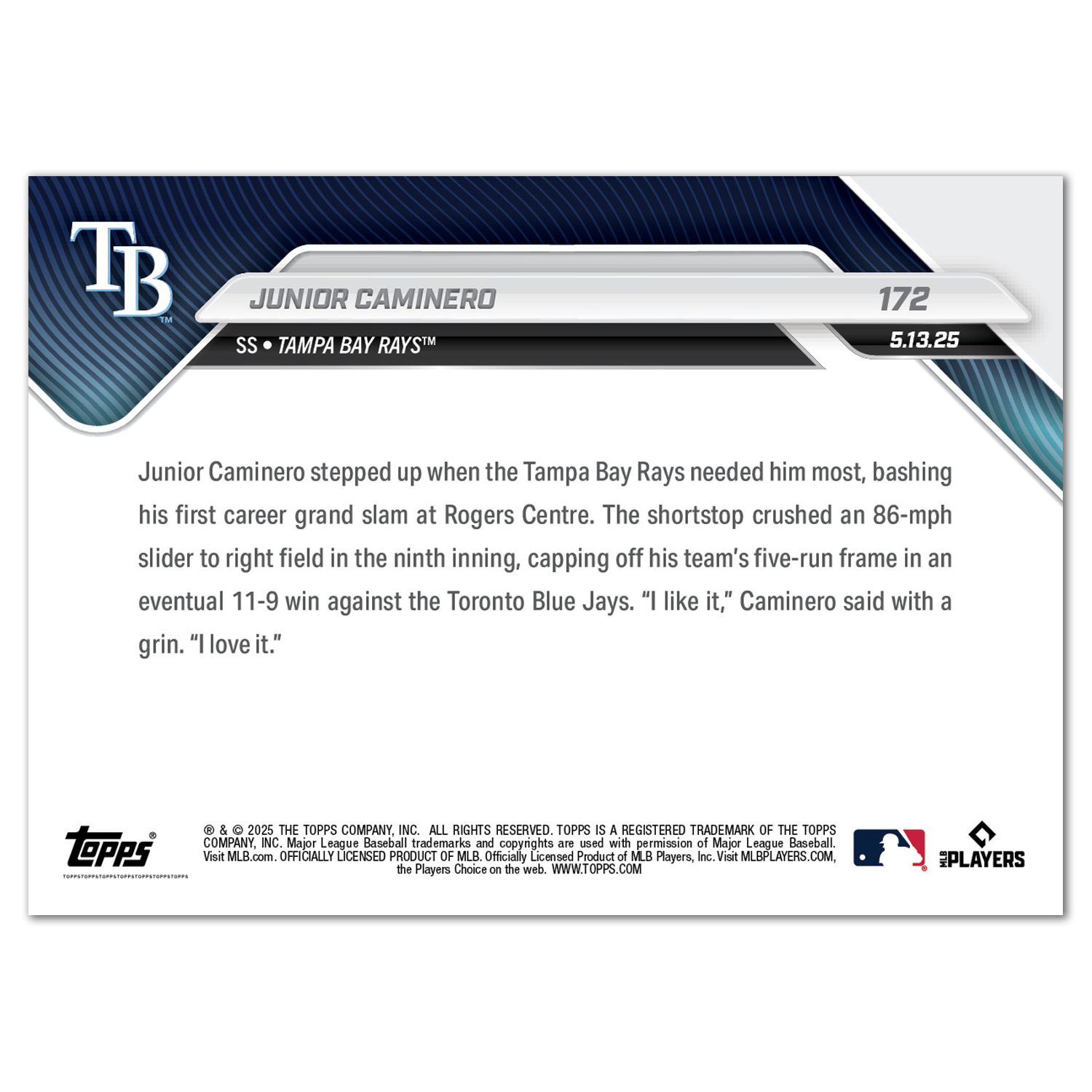 Junior Caminero - 2025 MLB Topps NOW - Card 172 - PR: 300 - Image 2