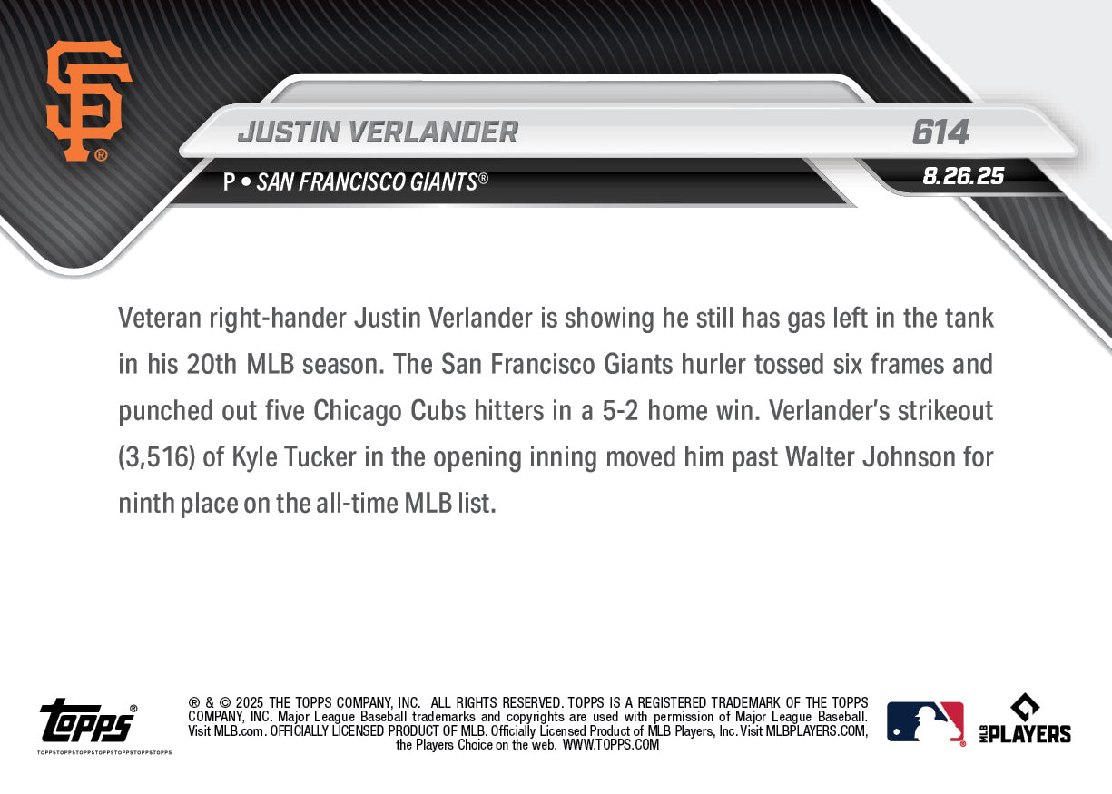 Justin Verlander - 2025 MLB Topps NOW - Card 614 - PR: 637 - Image 2