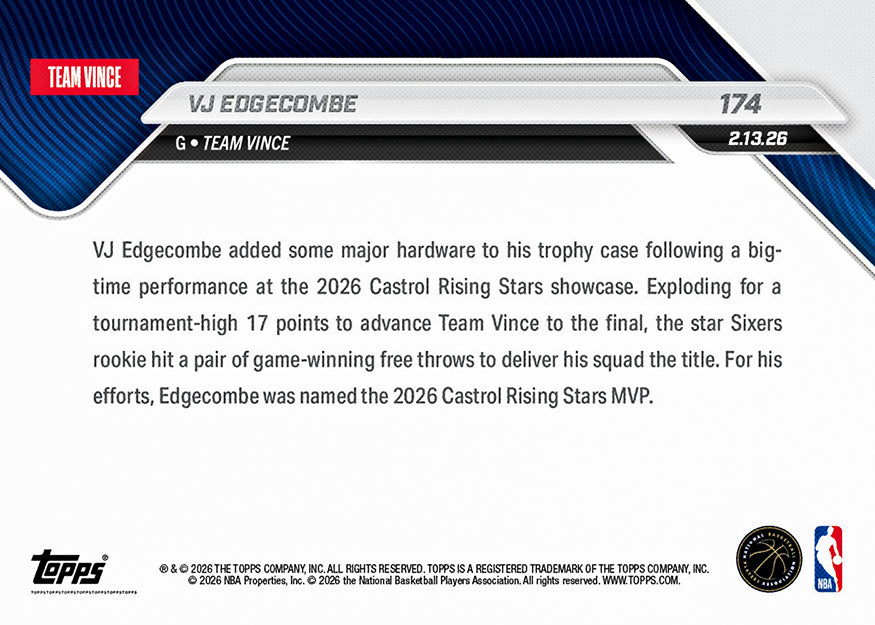 VJ Edgecombe - 2025-26 NBA Topps NOW - Card 174 - PR: 3562 - Image 3