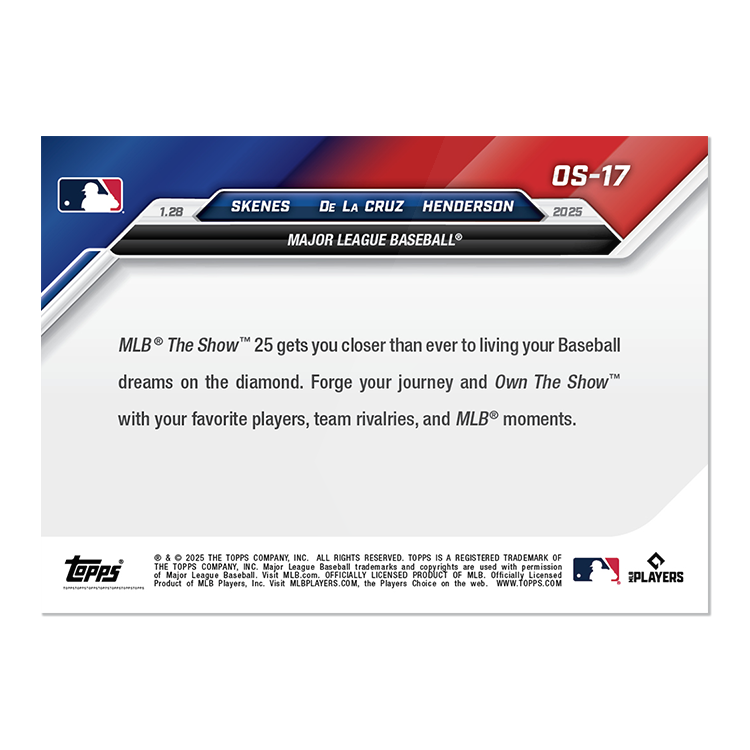 Alternative view of 2025 MLB The Show Cover Topps NOW - Paul Skenes/Elly De La Cruz/Gunnar Henderson - PR: 19,228