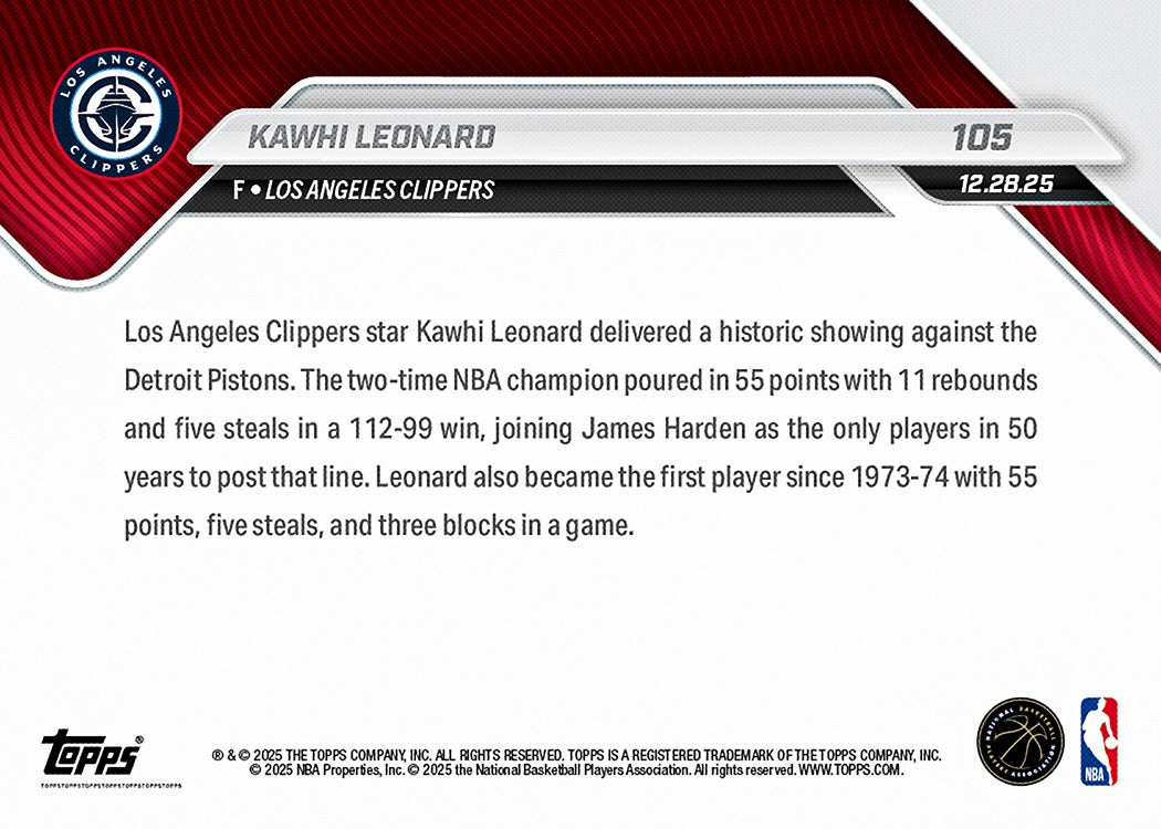 Kawhi Leonard - 2025-26 NBA Topps NOW - Card 105 - PR: 750 - Image 2