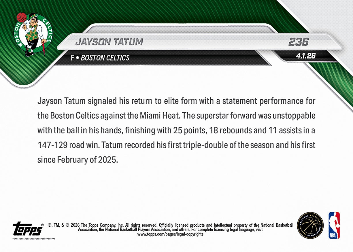 Jayson Tatum - 2025-26 NBA Topps NOW - Card 236 - PR: 832 - Image 2