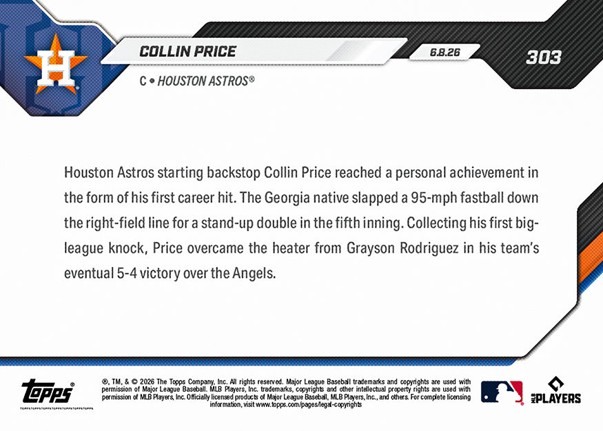 Collin Price - 2026 MLB Topps NOW - Card 303 - PR: 470 - Image 2