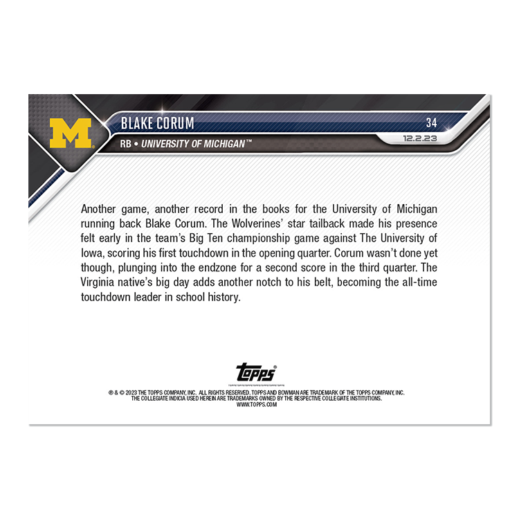 Blake Corum - 2023 Bowman U NOW Football Card 34 - PR: 1559 - Image 2