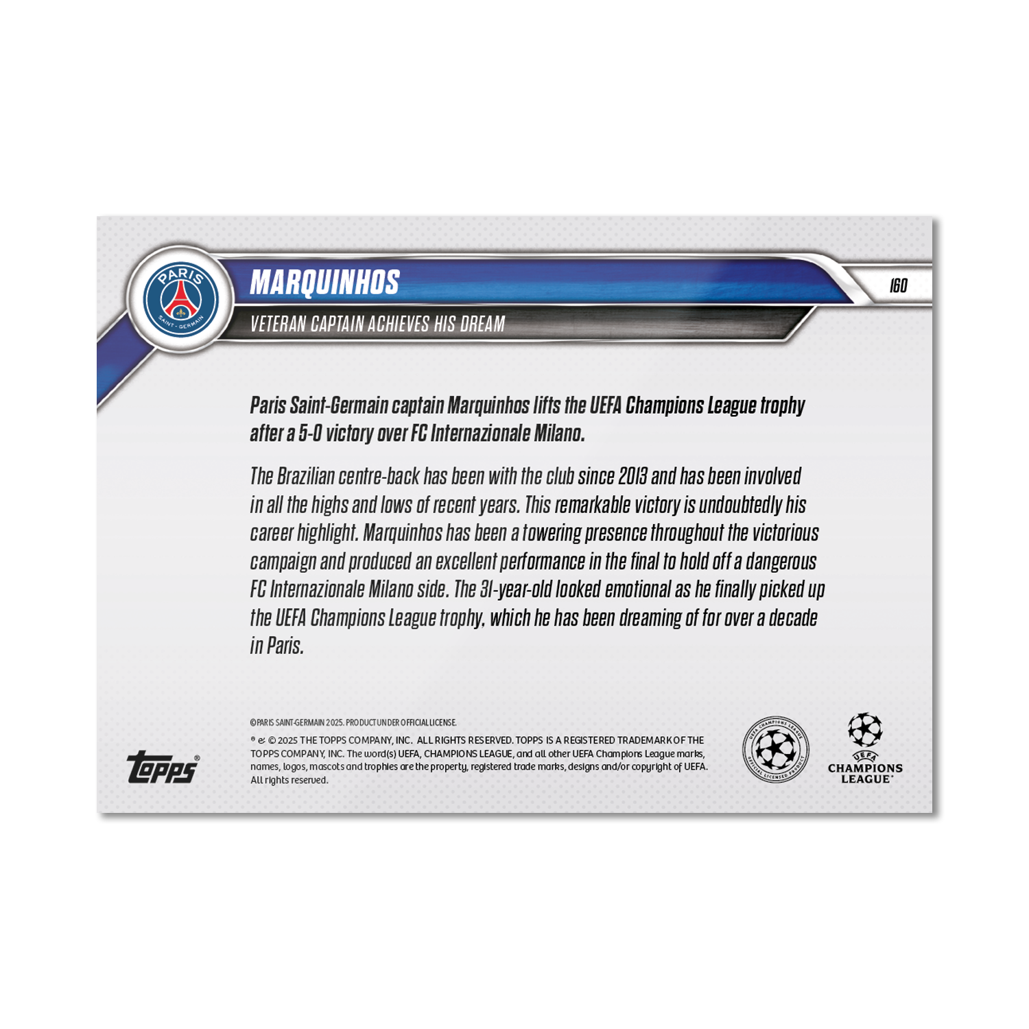 Marquinhos - 2024-25 UCL Topps NOW - Card 160 - LOOK FOR AUTO - PR: 1299 - Image 8