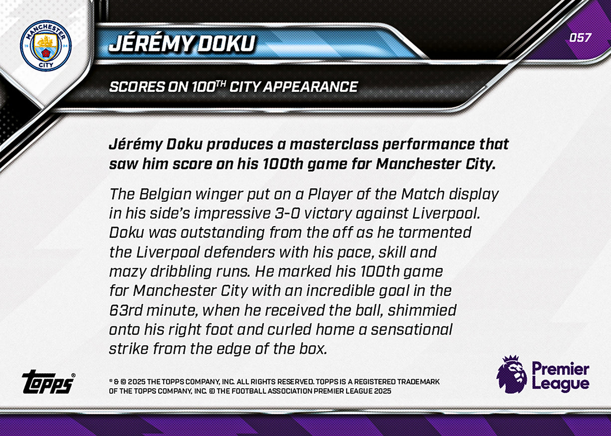Jérémy Doku - 2025-26 Premier League Topps NOW - Card 57 - PR: 394 - Image 7