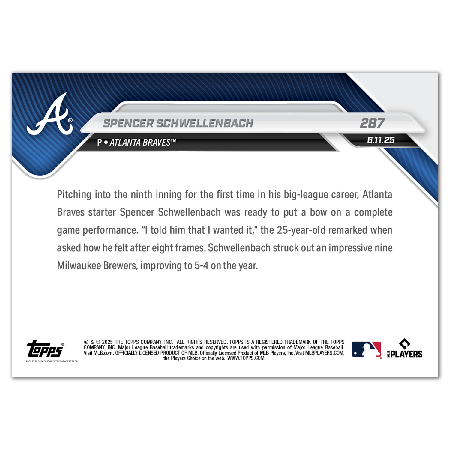 Alternative view of Spencer Schwellenbach - 2025 MLB Topps NOW - Card 287 - PR: 860