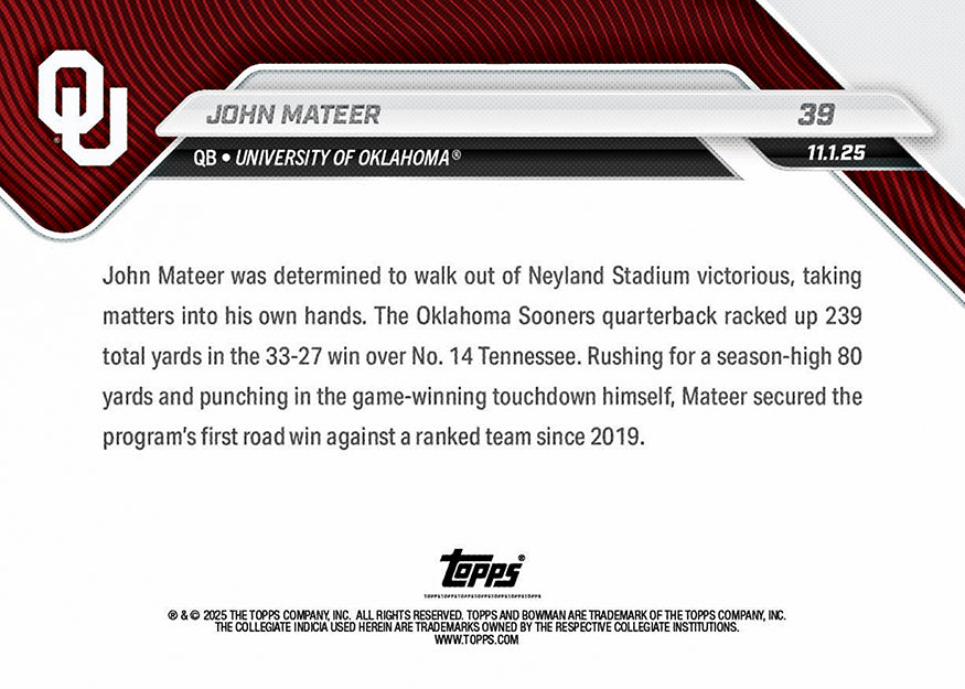 John Mateer - 2025-26 Bowman U NOW Football - Card 39 - PR: 654 - Image 3