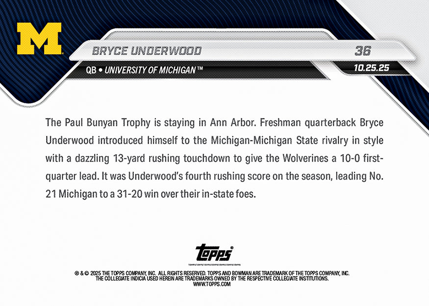 Alternative view of Bryce Underwood - 2025-26 Bowman U NOW Football - Card 36 - PR: 2391
