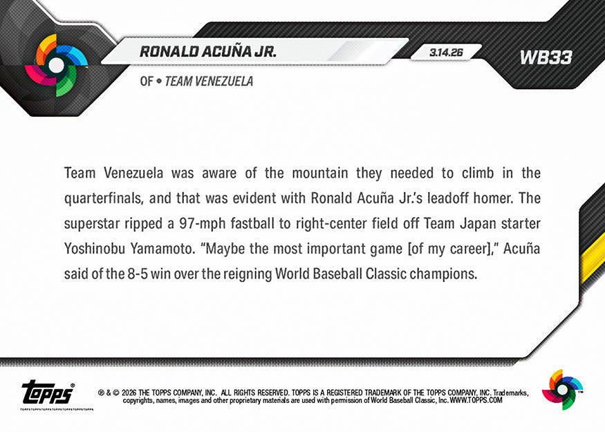 Ronald Acuña Jr. - 2026 World Baseball Classic Topps NOW - Card 33 - PR: 3073 - Image 3