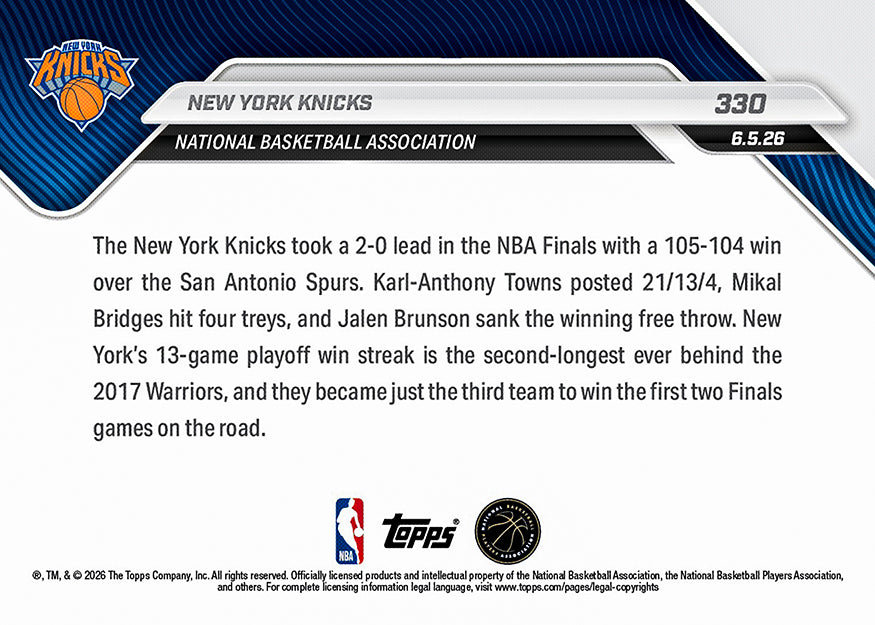 New York Knicks - 2025-26 NBA Topps NOW - Card 330 - PR: 5676 - Image 2