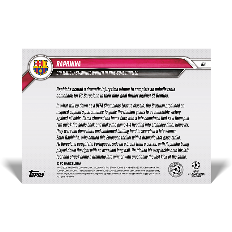 Raphinha - Dramatic last-minute winner in nine-goal thriller - 24/25 UCL Topps NOW Card 74 - PR: 647 - Image 5