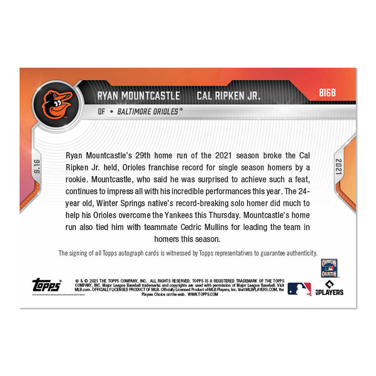 On-Card Auto # to 49 - Ryan Mountcastle / Cal Ripken Jr. - 2021 MLB TOPPS NOW Card 816B - Image 2