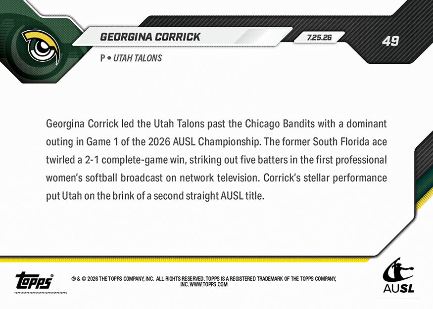 Georgina Corrick - 2026 AUSL Topps NOW - Card 49 - PR: 1126 - Image 3