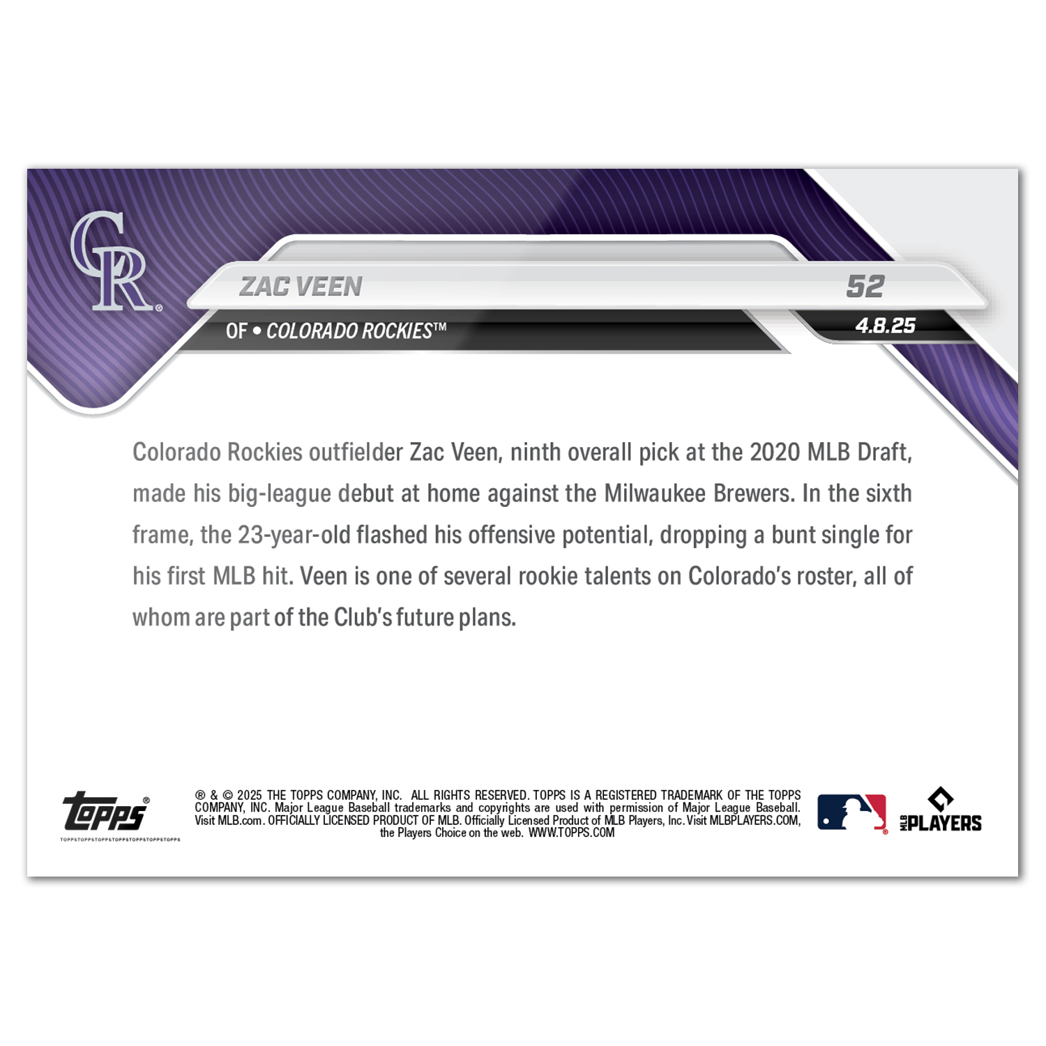 Alternative view of Zac Veen - 2025 MLB Topps NOW - Card 52 - PR: 878