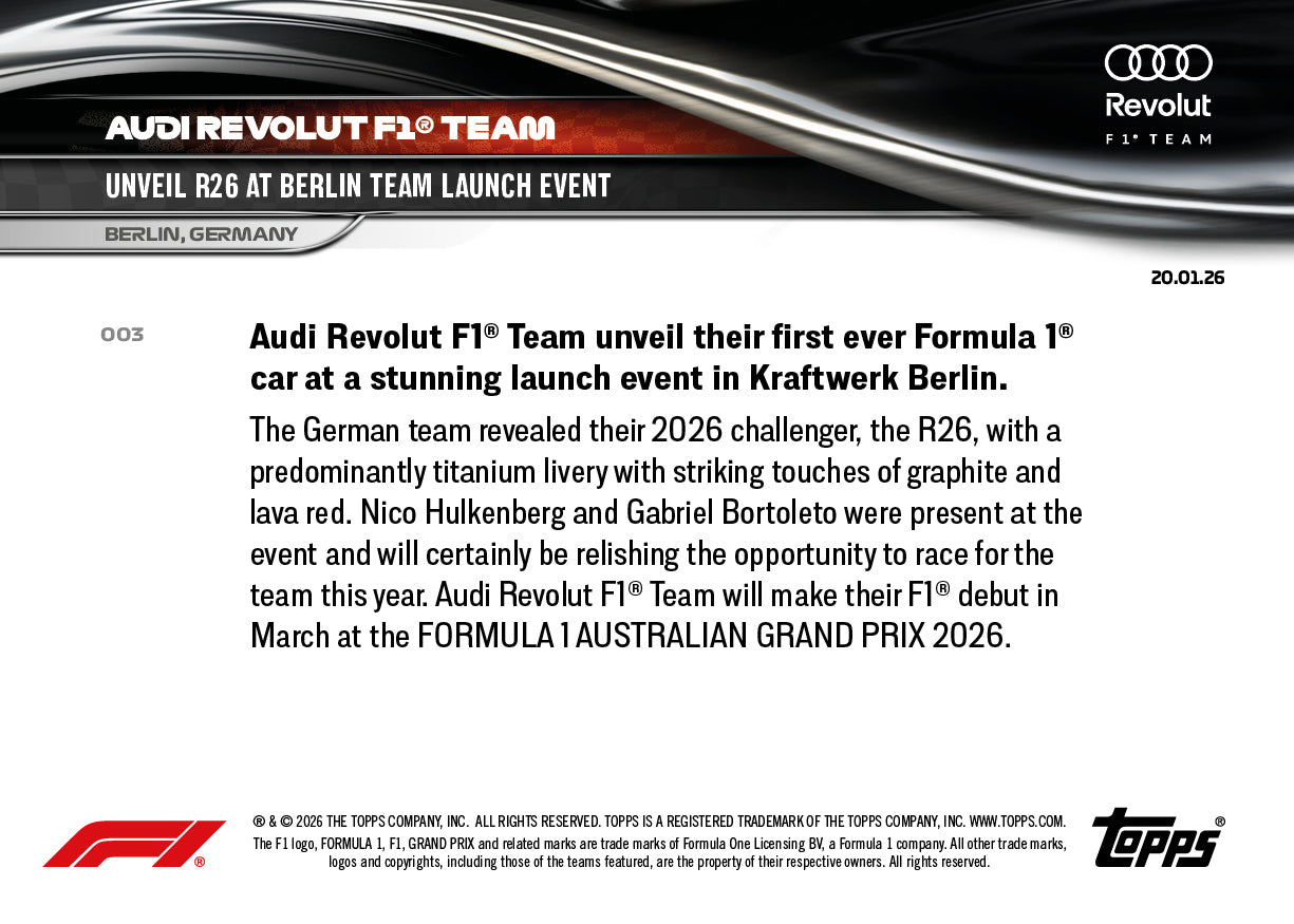 Audi Revolut F1 Team - 2026 Formula 1 Topps NOW - Card 3 - PR: 3951 - Image 8