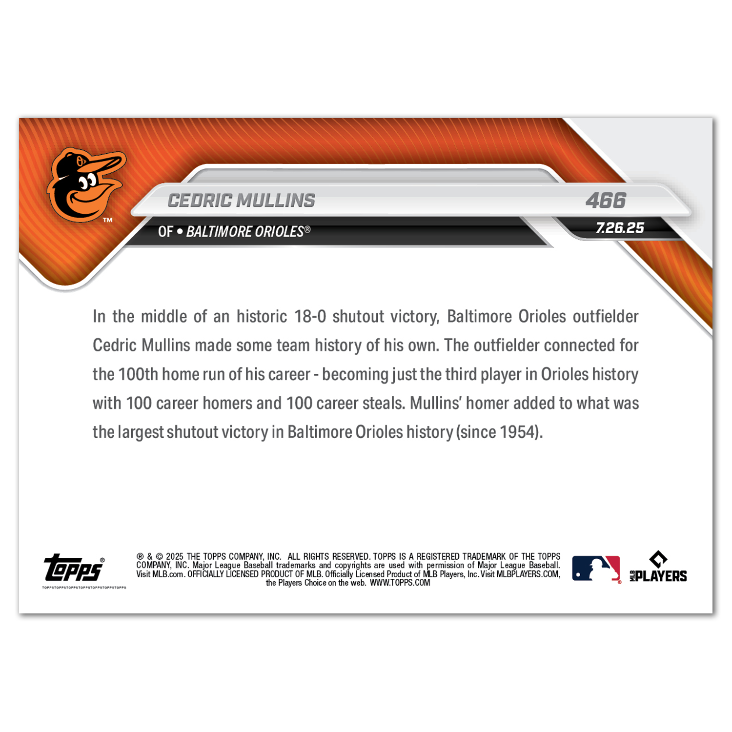 Cedric Mullins - 2025 MLB Topps NOW - Card 466 - PR: 619 - Image 2