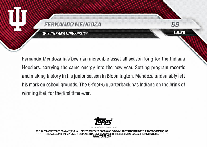 Fernando Mendoza - 2025-26 Bowman U NOW Football - Card 66 - PR: 7654 - Image 3