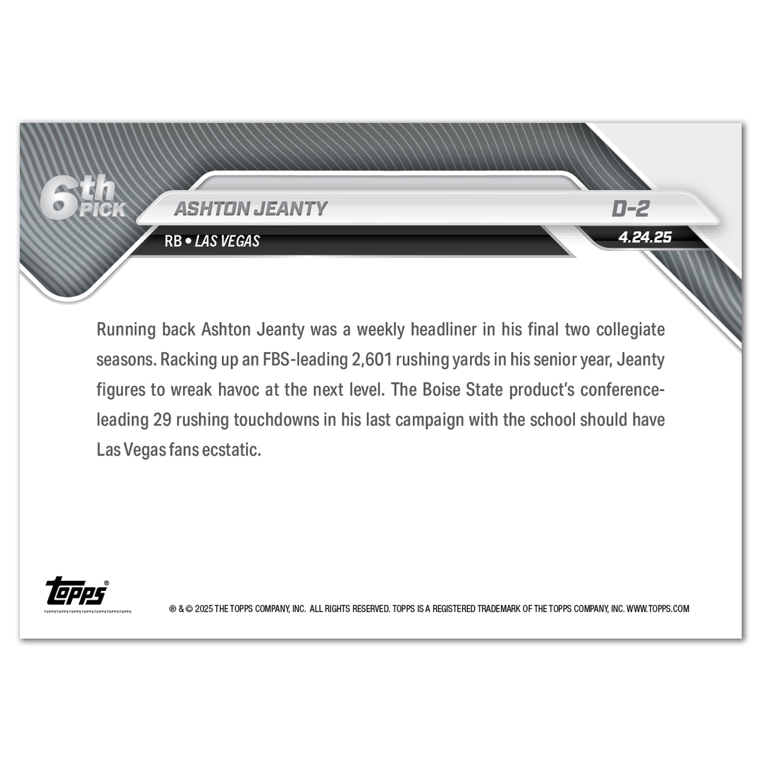 Ashton Jeanty - 2025 Topps NOW Football - Card D-2 - LOOK FOR AUTOS - PR: 11,798 - Image 3