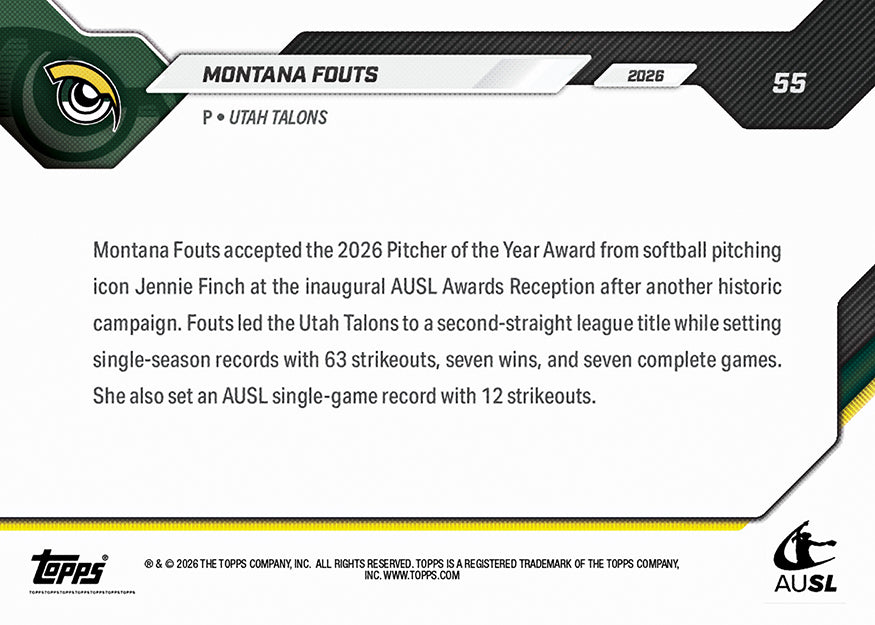 Montana Fouts - 2026 AUSL Topps NOW - Card 55 - PR: 1319 - Image 3