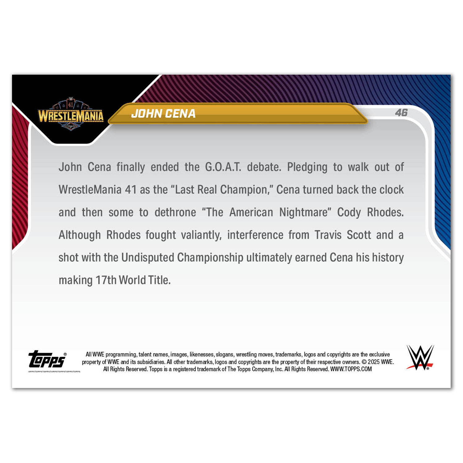 John Cena - 2025 WWE Topps NOW - Card 46 - LOOK FOR RELICS AND AUTO-RELIC - PR: 20,912 - Image 5