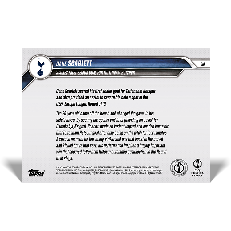 Dane Scarlett - Scores first senior goal for Tottenham Hotspur - 24/25 UEL TOPPS NOW Card 10 - PR: 139 - Image 2