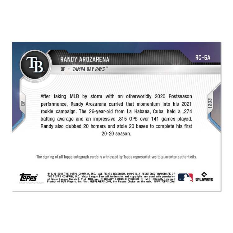 On-Card Auto # to 99 - Randy Arozarena - 2021 MLB TOPPS NOW Card RC-06A - Image 2