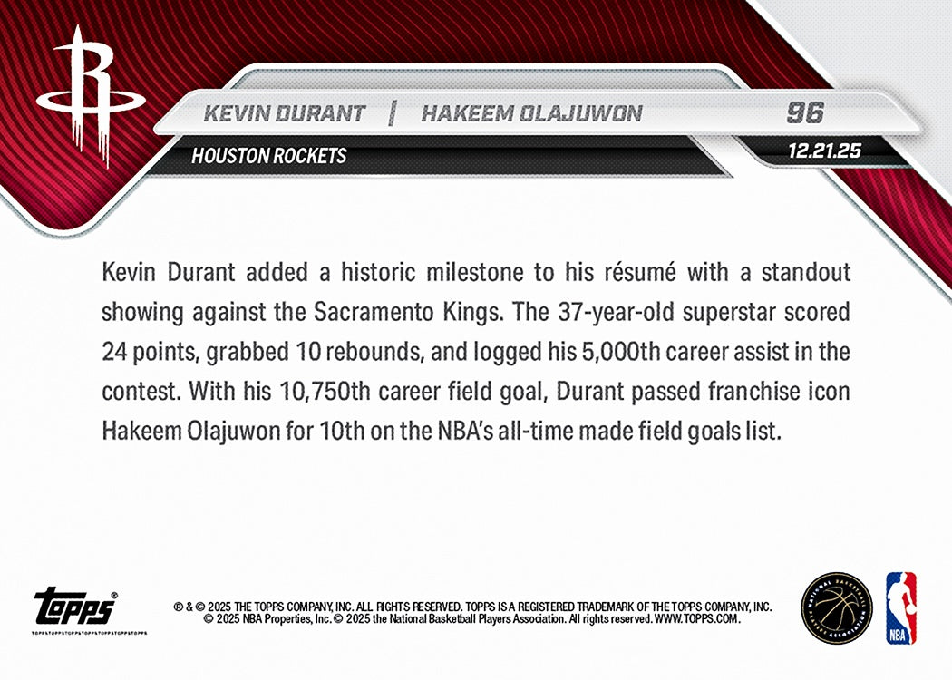 Kevin Durant/Hakeem Olajuwon - 2025-26 NBA Topps NOW - Card 96 - PR: 3882 - Image 4