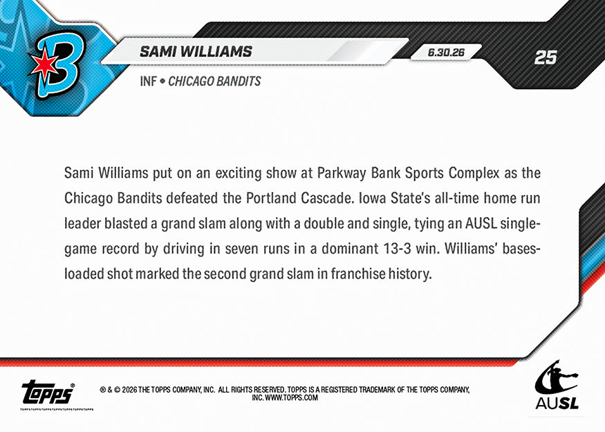 Sami Williams - 2026 AUSL Topps NOW - Card 25 - PR: 700 - Image 3