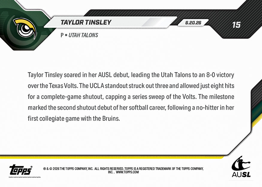 Taylor Tinsley - 2026 AUSL Topps NOW - Card 15 - PR: 919 - Image 3
