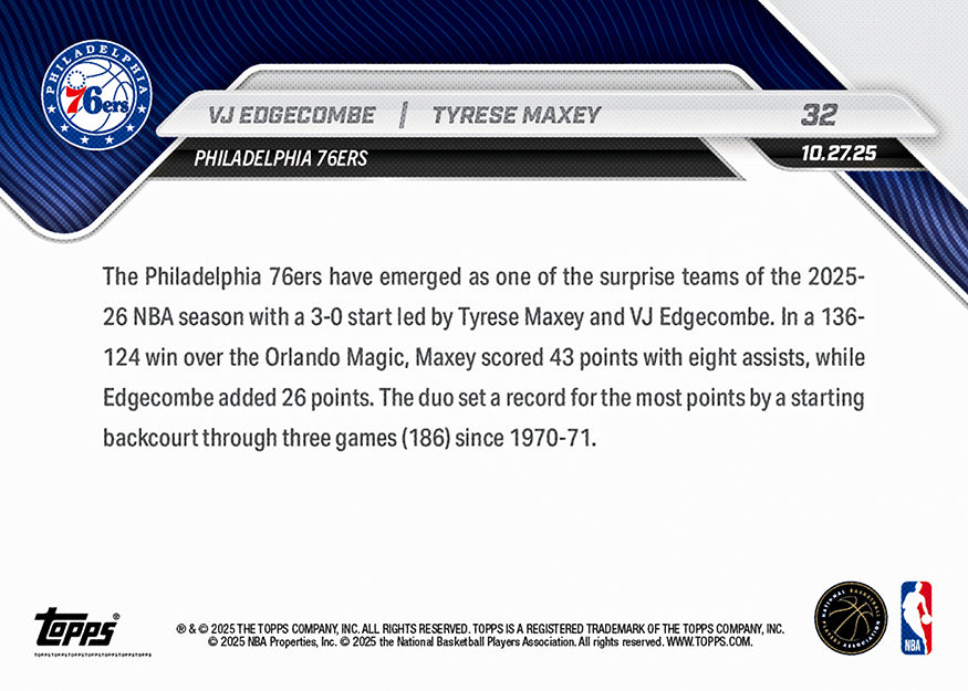 Alternative view of VJ Edgecombe/Tyrese Maxey - 2025-26 NBA Topps NOW - Card 32 - PR: 1754