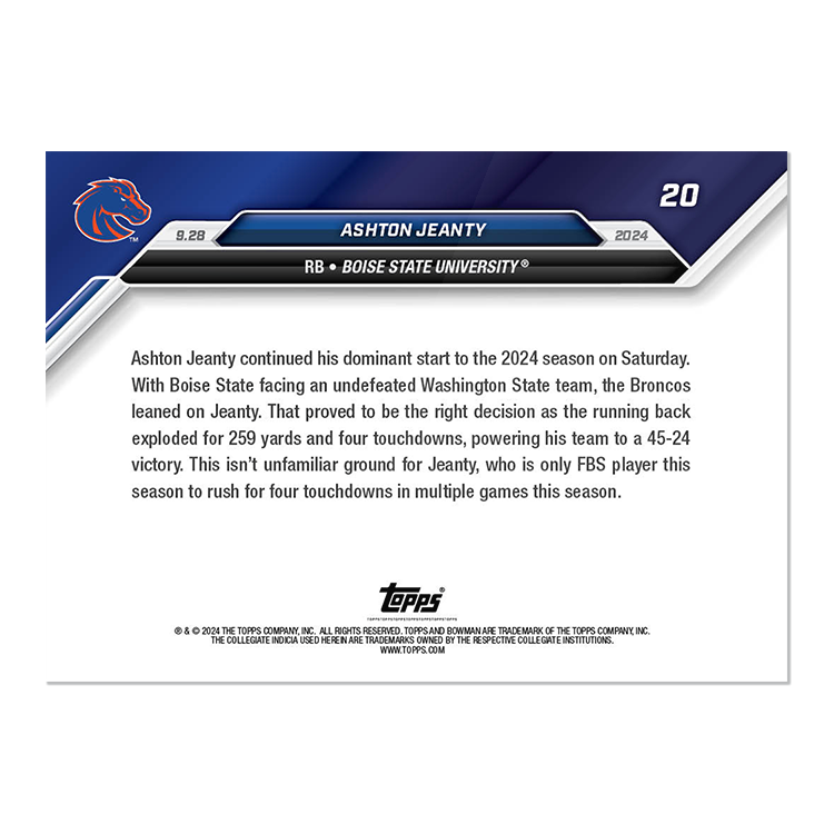 Ashton Jeanty - 2024 Bowman U NOW Football Card 20 - PR: 1446 - Image 2