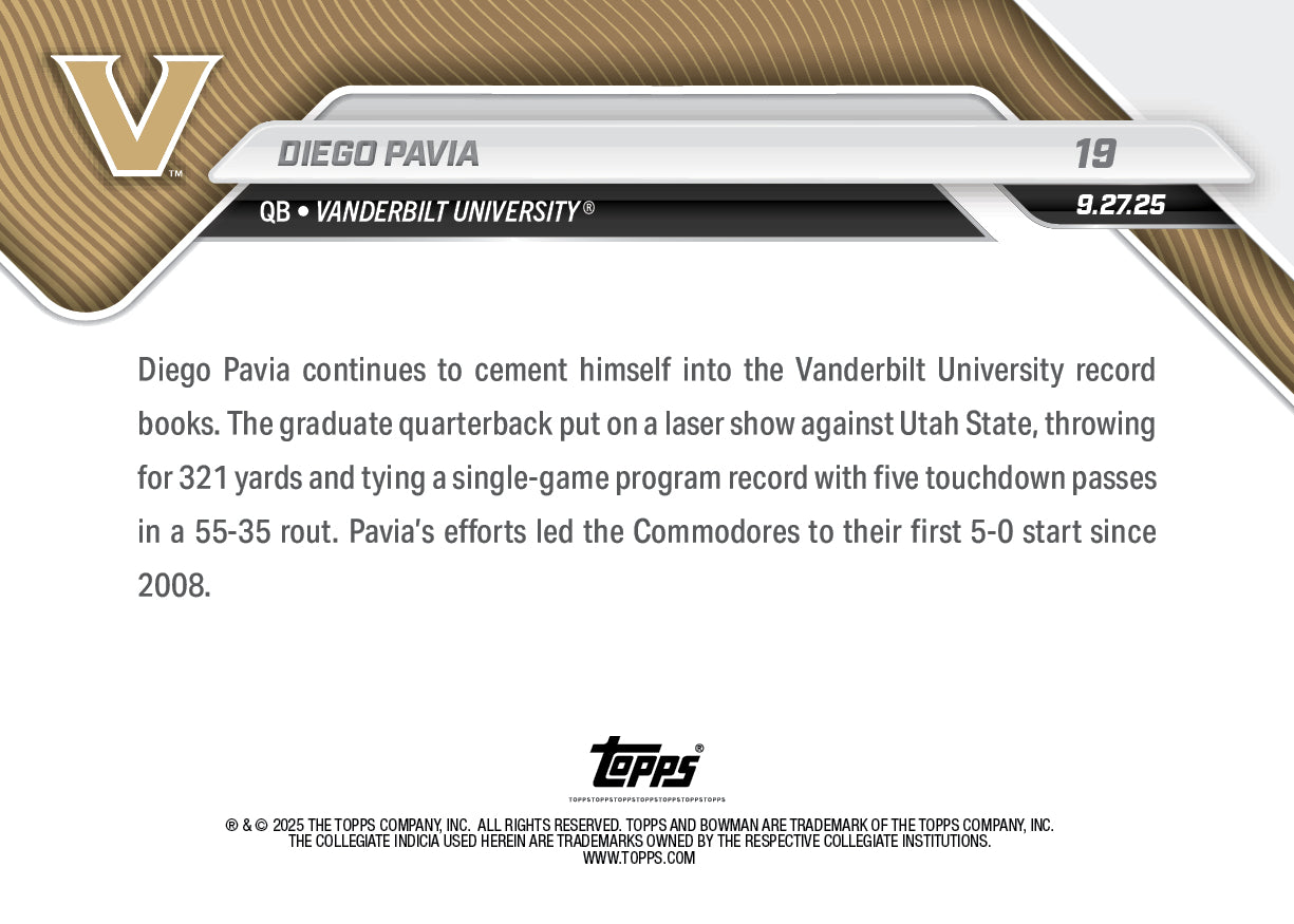 Diego Pavia - 2025-26 Bowman U NOW Football - Card 19 - PR: 504 - Image 2