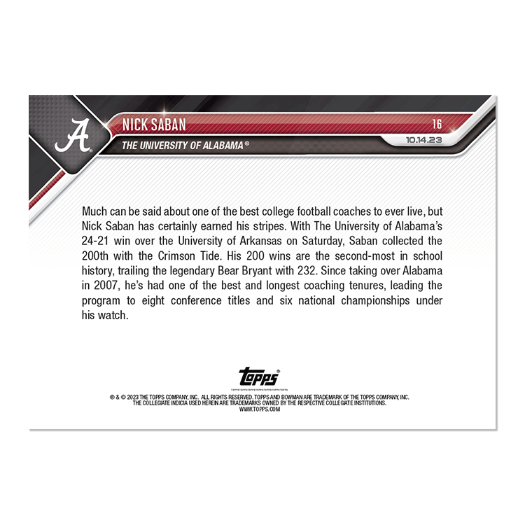 Nick Saban - 2023 Bowman U NOW Football Card 16 - PR: 1543 - Image 2