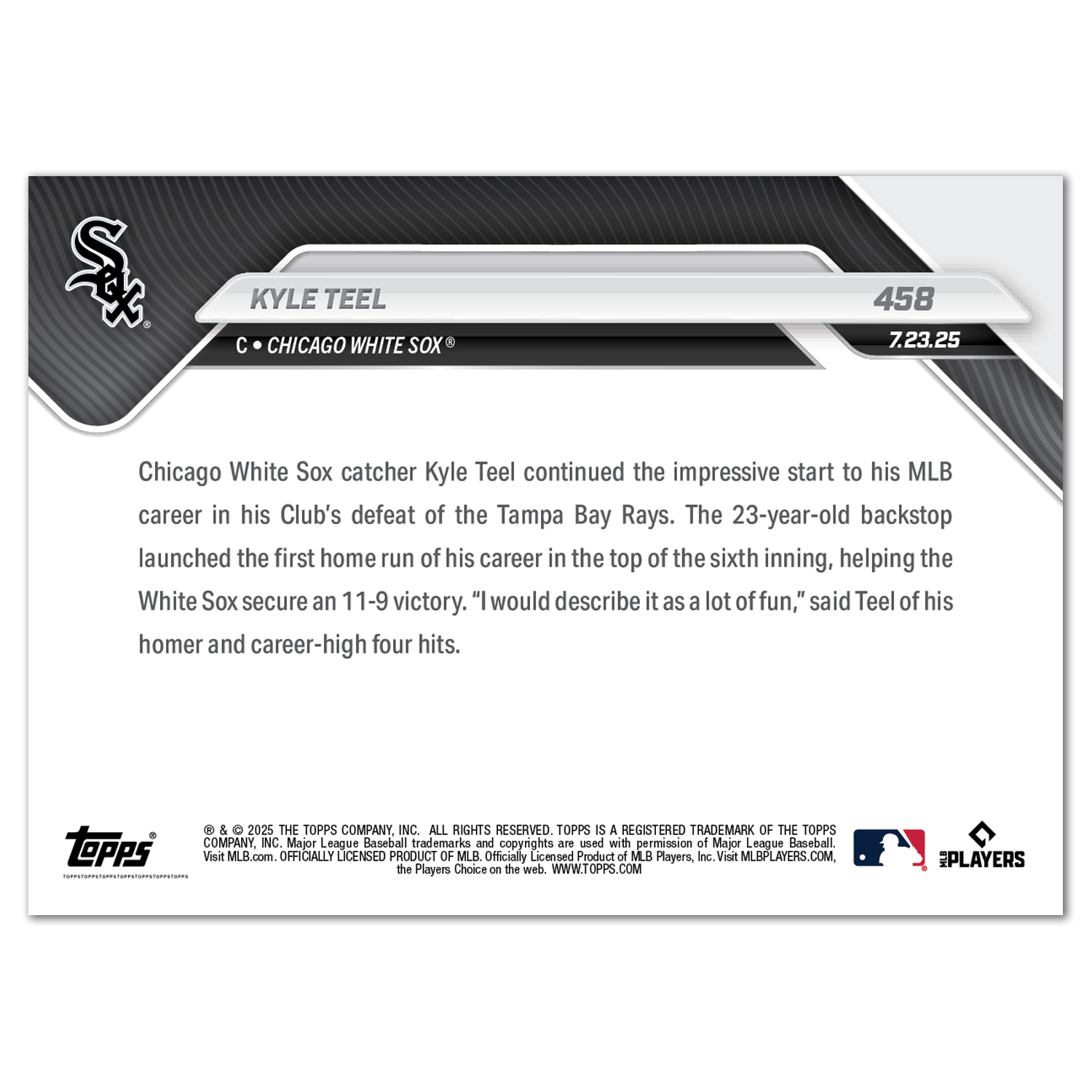 Kyle Teel - 2025 MLB Topps NOW - Card 458 - PR: 806 - Image 2