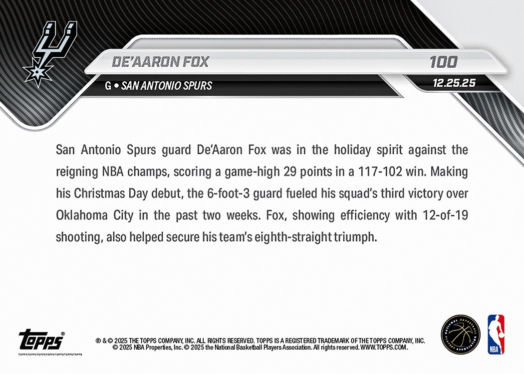 De’Aaron Fox - 2025-26 NBA Topps NOW - Card 100 - PR: 561 - Image 3