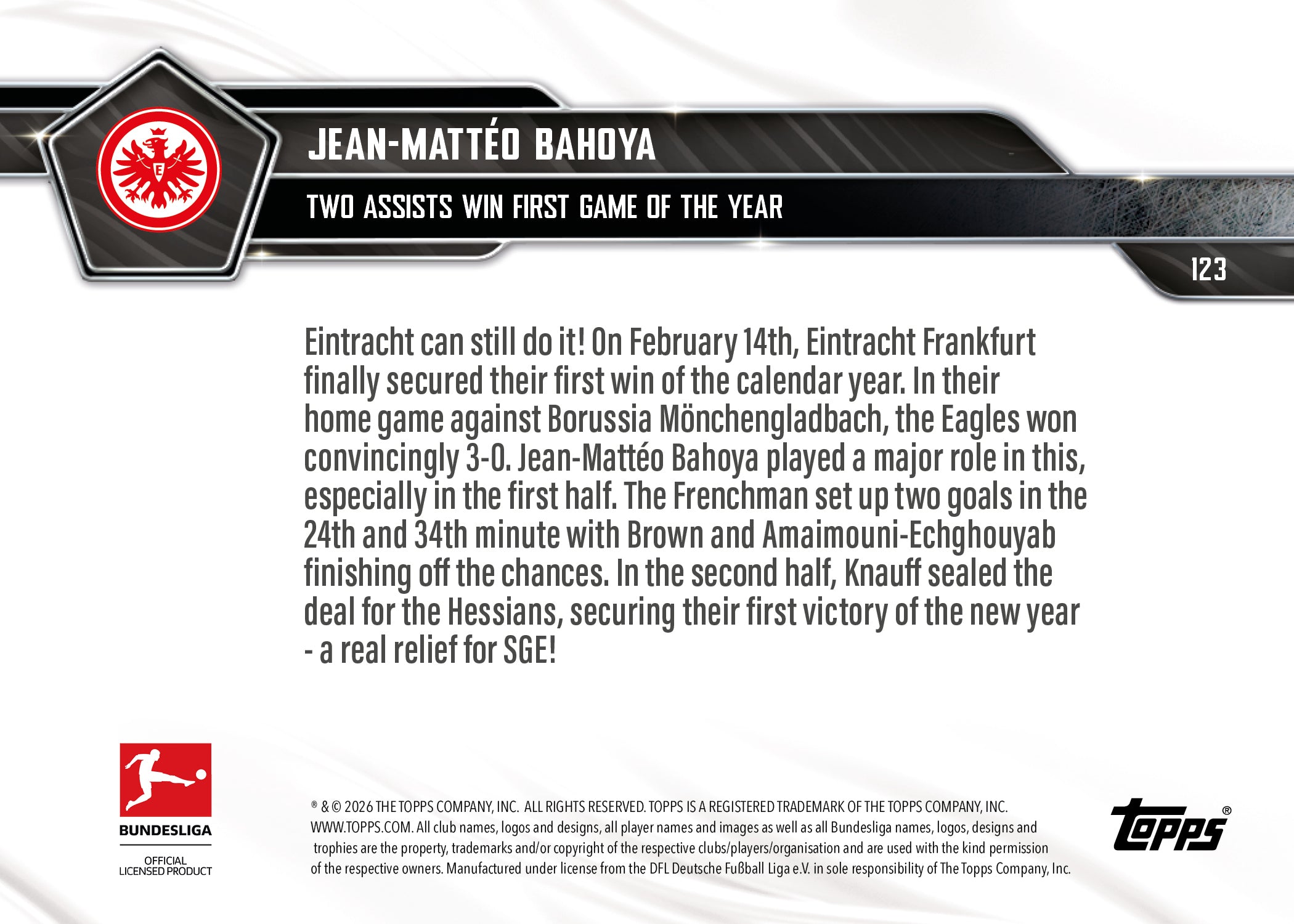 Jean-Mattéo Bahoya - 2025-26 Bundesliga Topps NOW - Card 123 - PR: 252 - Image 7