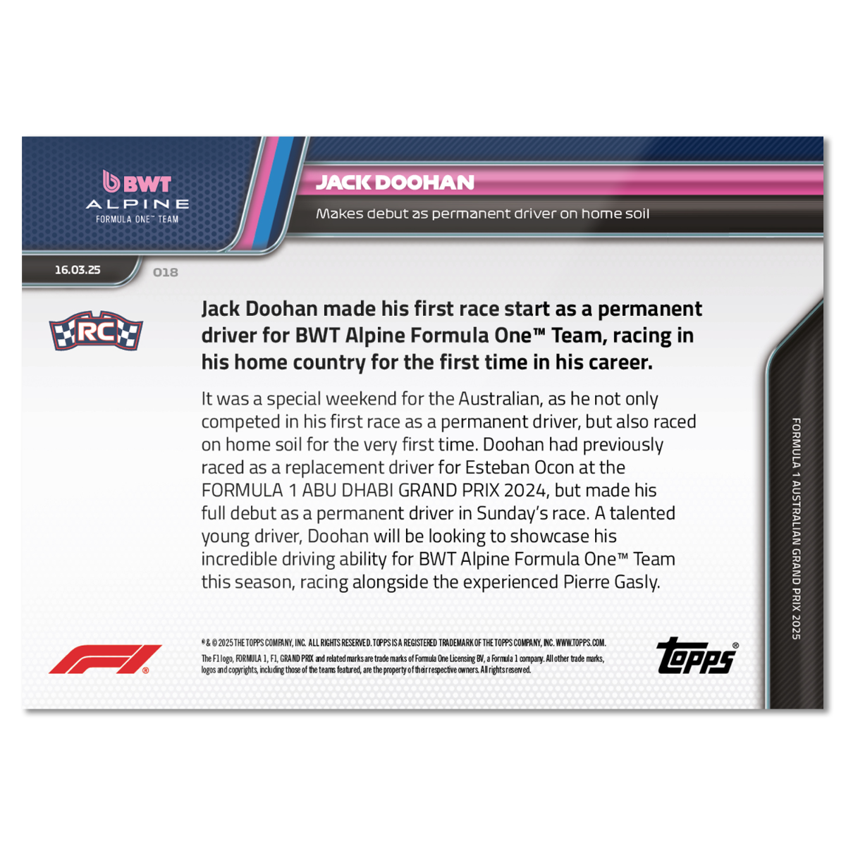 Jack Doohan - 2025 Formula 1 Topps NOW Card 18 - PR: 1025 - Image 2