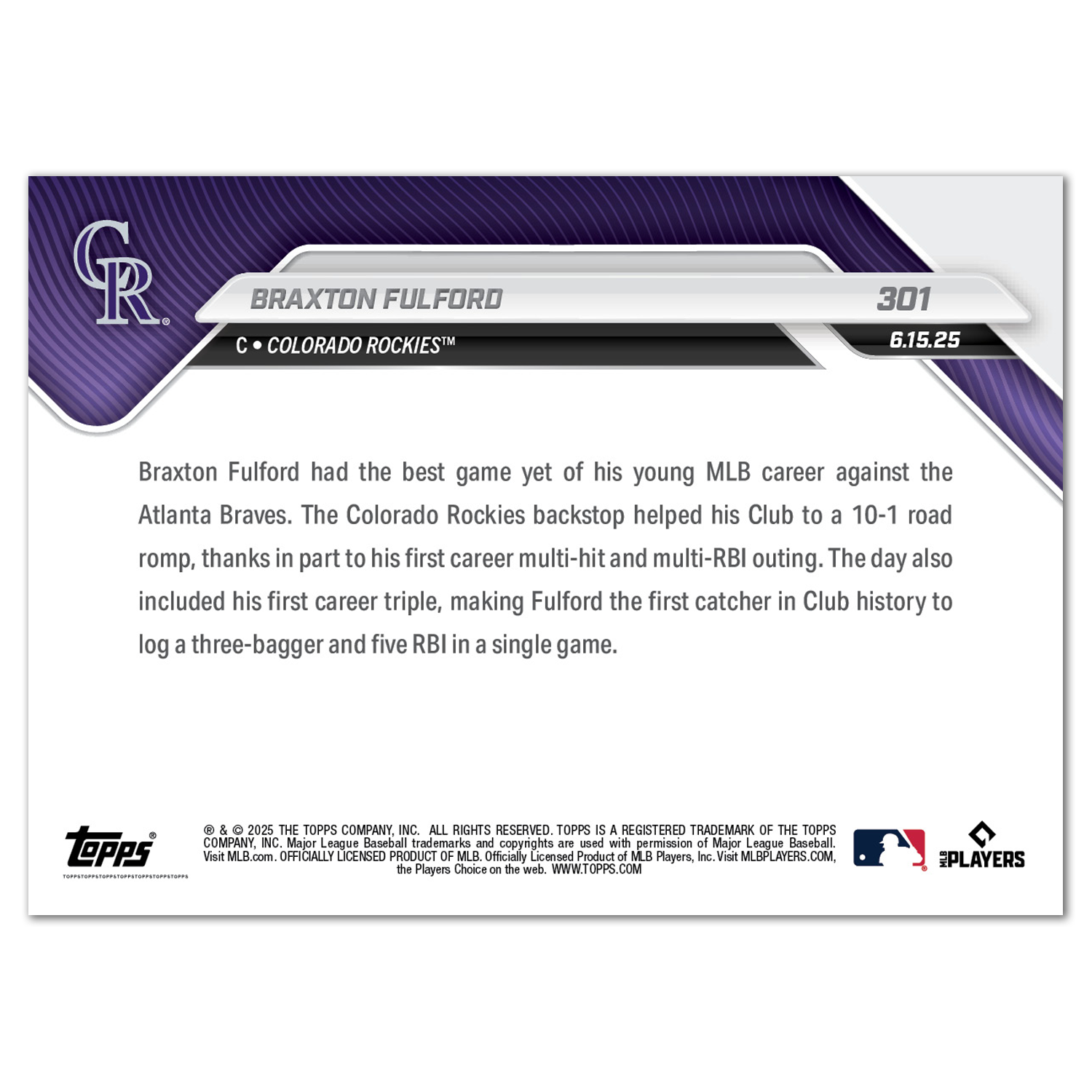 Braxton Fulford - 2025 MLB Topps NOW - Card 301 - PR: 411 - Image 2