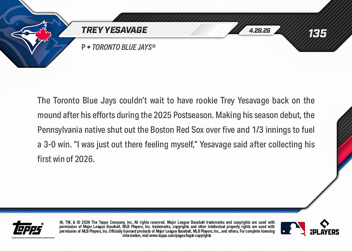 Trey Yesavage - 2026 MLB Topps NOW - Card 135 - PR: 2268 - Image 2
