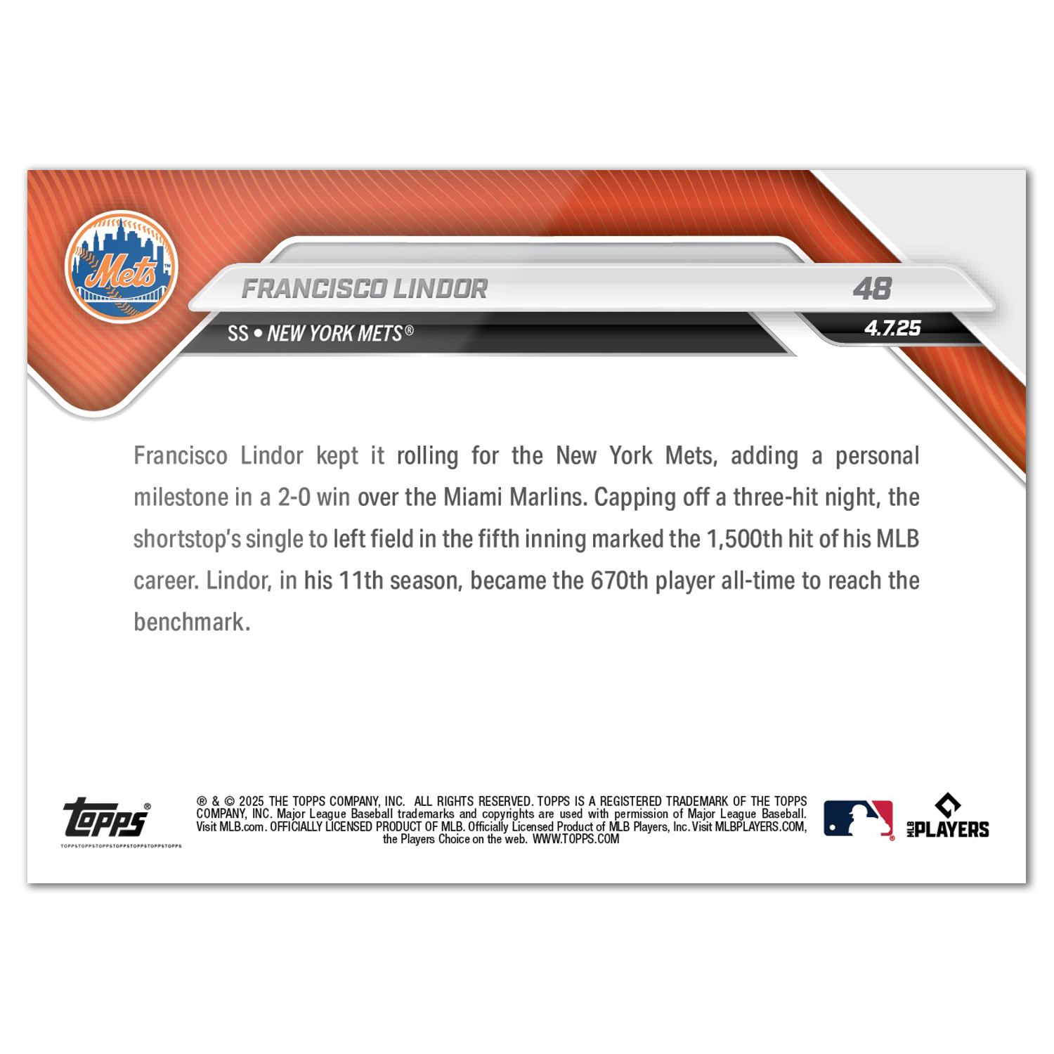 Francisco Lindor - 2025 MLB Topps NOW - Card 48 - PR: 1018 - Image 2