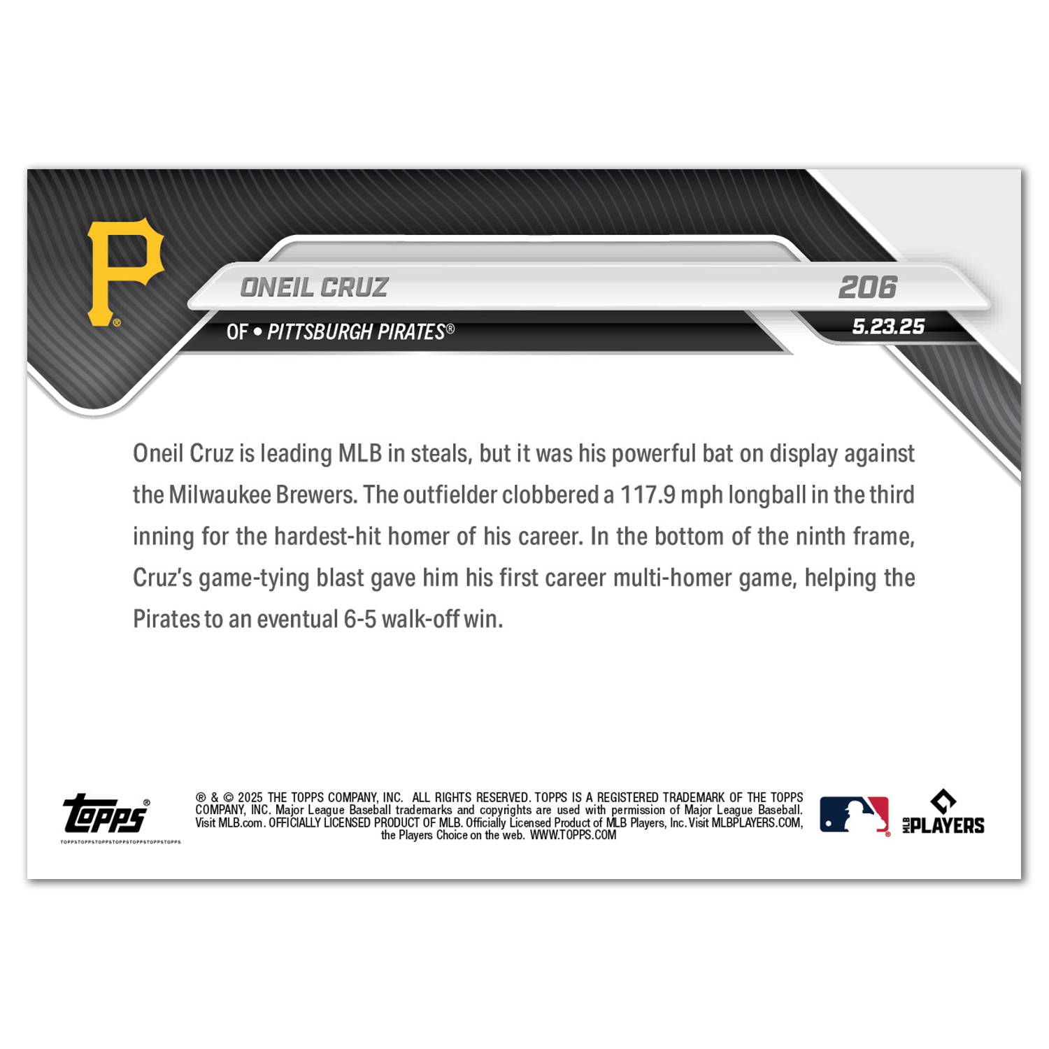 Oneil Cruz - 2025 MLB Topps NOW - Card 206 - PR: 577 - Image 2