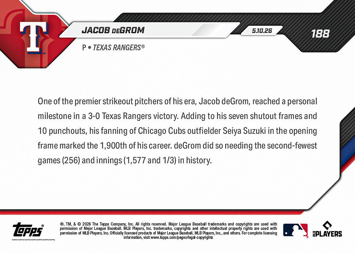 Jacob deGrom - 2026 MLB Topps NOW - Card 188 - PR: 543 - Image 2