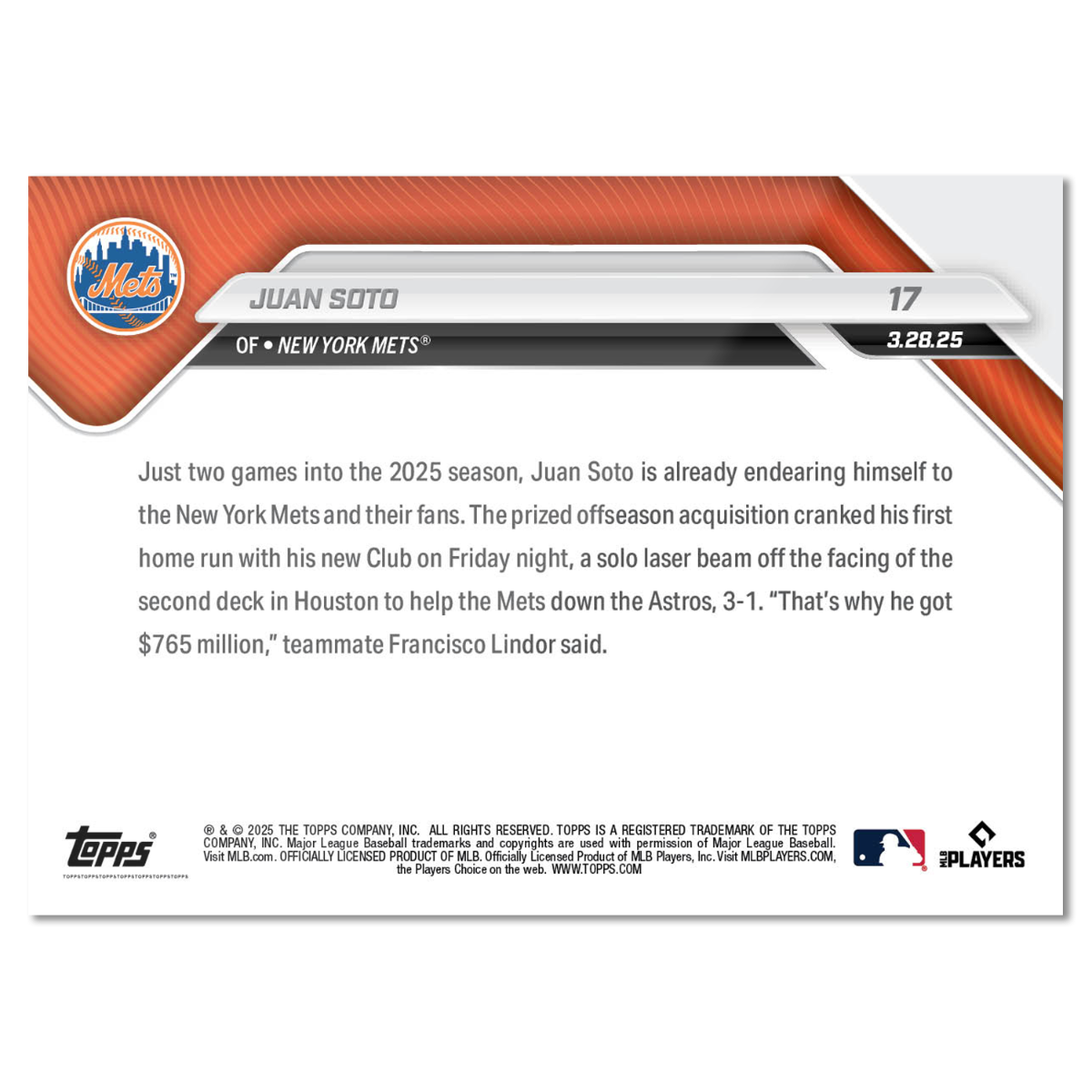 Juan Soto - 2025 MLB Topps NOW - Card 17 - LOOK FOR RELICS and AUTO-RELICS - PR: 10,738 - Image 2