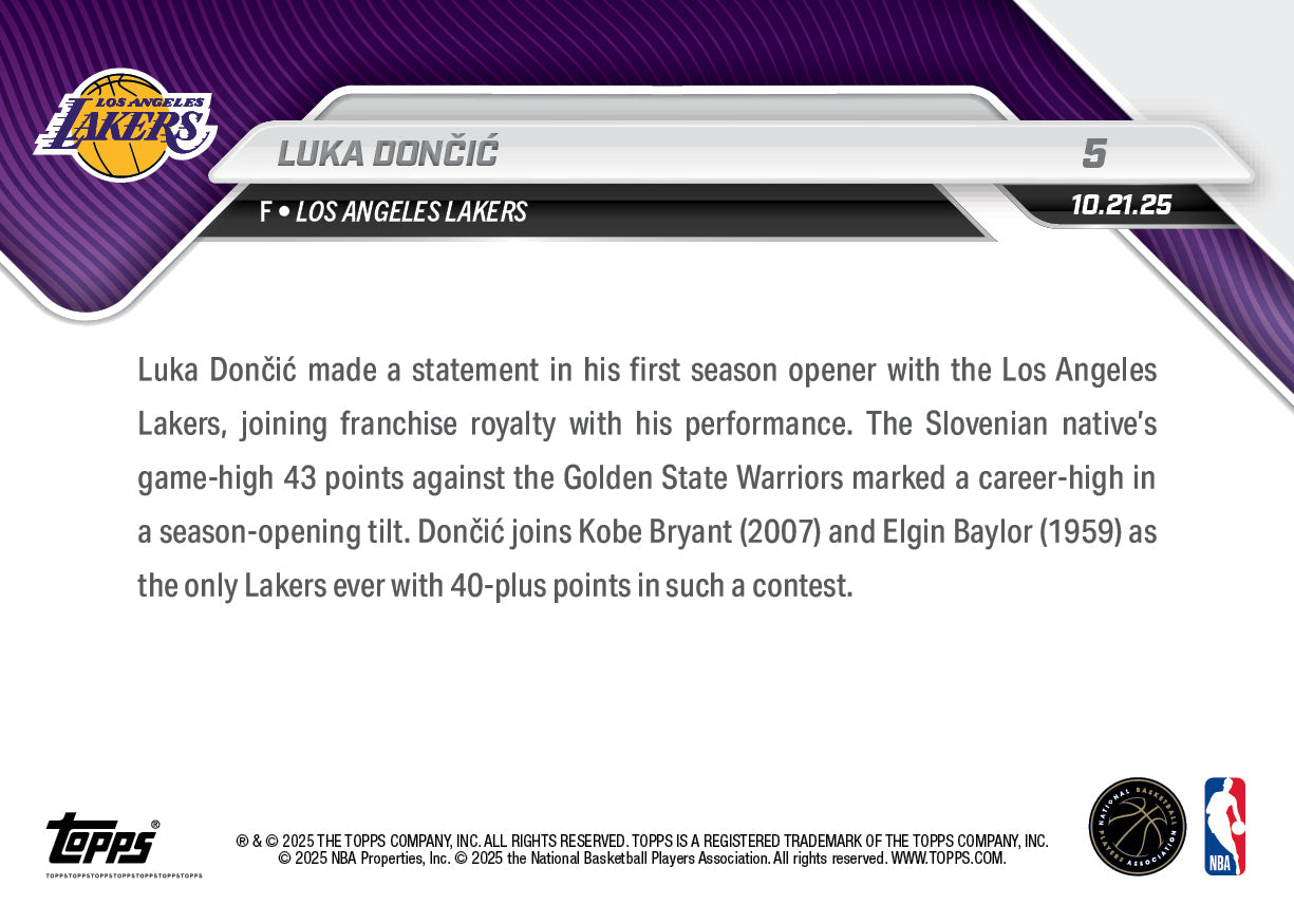Luka Dončić - 2025-26 NBA Topps NOW - Card 5 - PR: 7591 - Image 2