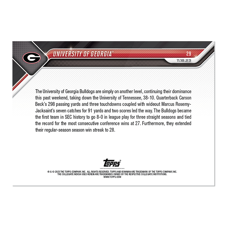 Alternative view of University of Georgia - 2023 Bowman U NOW Football Card 29 - PR: 1118