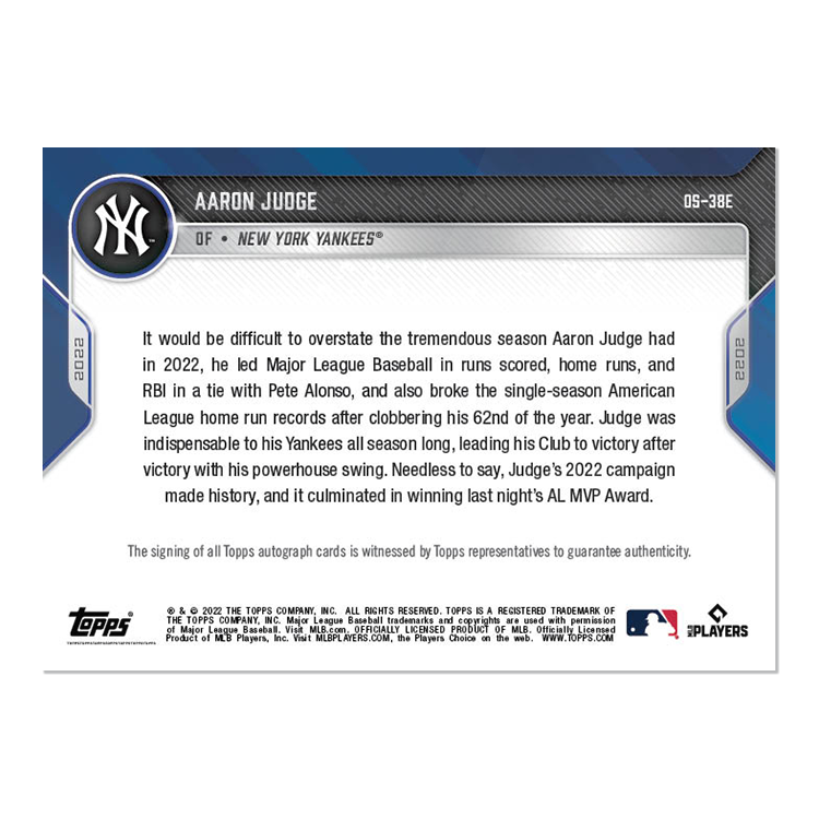 On-Card Auto # to 5 - Aaron Judge - 2022 MLB TOPPS NOW Card OS-38E - PR: 5 - Image 2