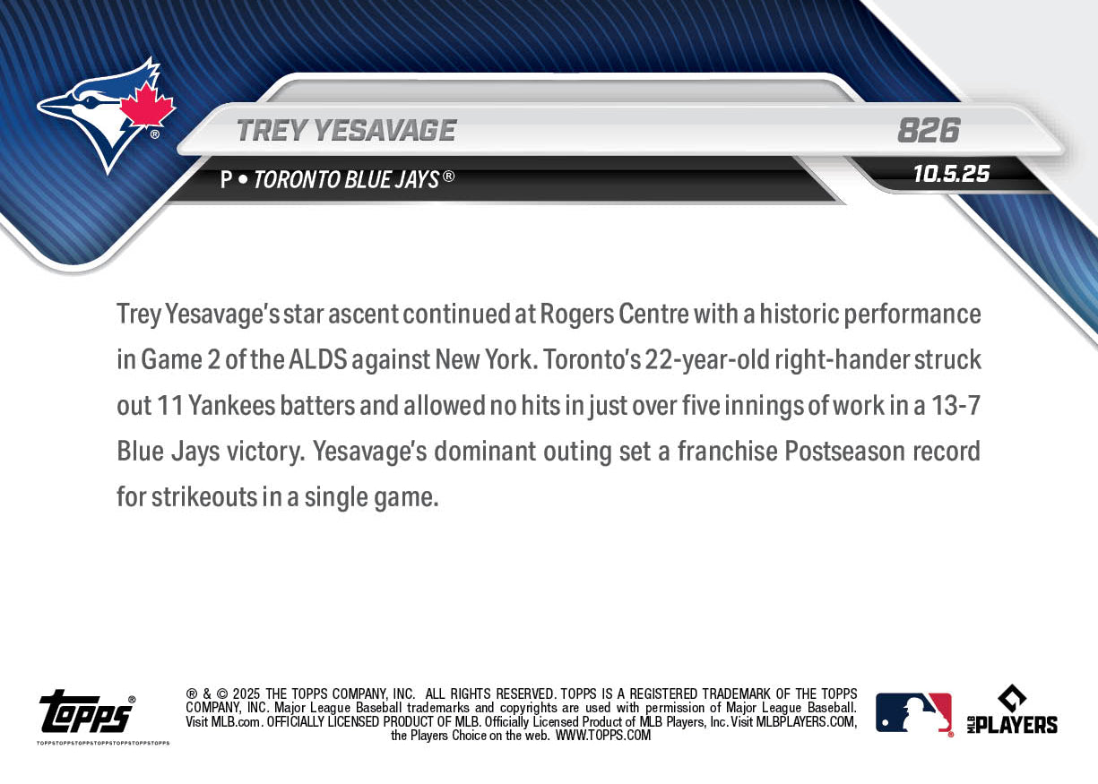 Trey Yesavage - 2025 MLB Topps NOW - Card 826 - PR: 4808 - Image 3